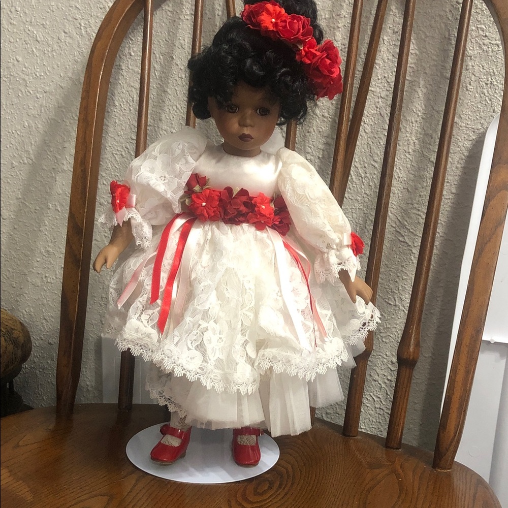 Classic White Lace Doll with Red Floral Accents
